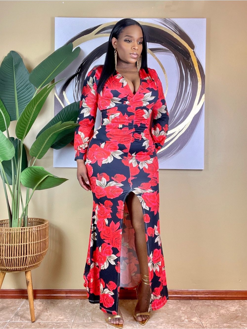 Floral Wrap Maxi Dress with Front Slit - Red Navy